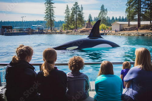 Family watching Orca whale doing tricks in the pool. Free Orca from captivity.