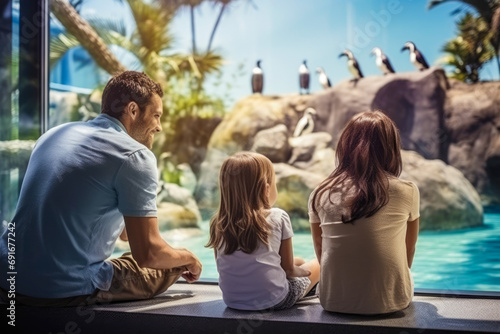 Family watching Penguins. Free animals from captivity.