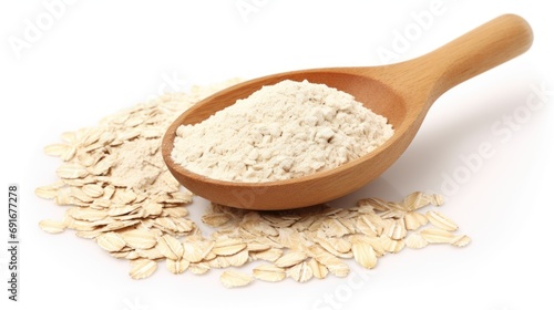 A wooden spoon filled with oatmeal next to a pile of oats. Suitable for food and cooking related projects