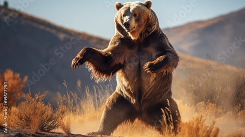 A large brown bear standing upright on its hind legs. Suitable for wildlife and nature-themed projects