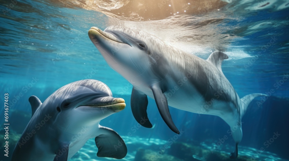 Naklejka premium a couple of dolphins swimming next to each other on a body of water with sunlight coming through the water and a person in the water behind them looking at the dolphins.