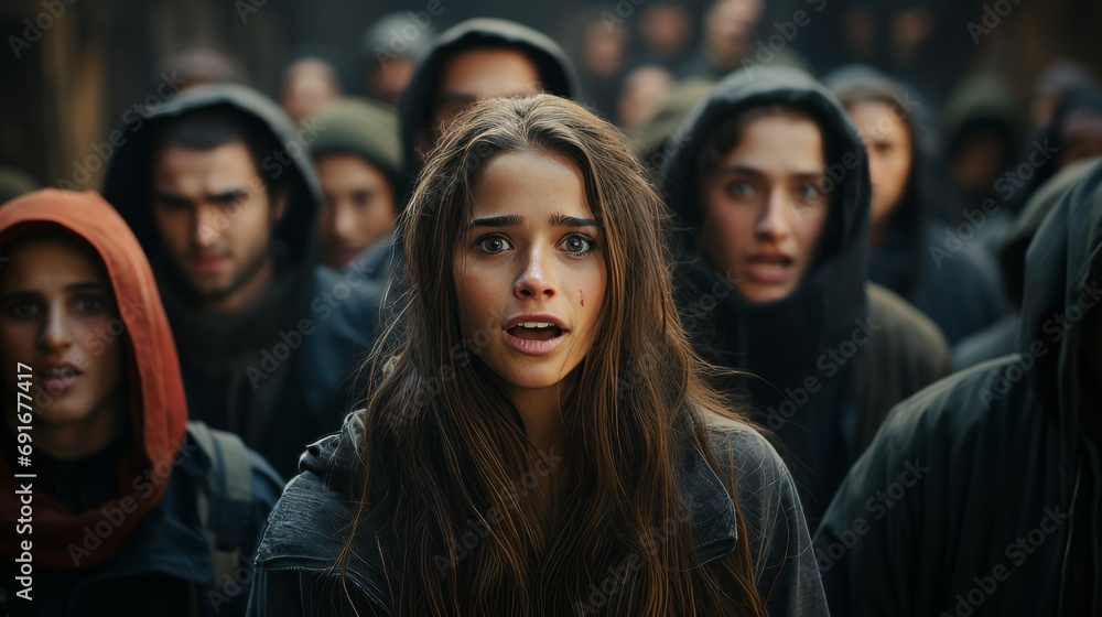 A girl in a hoodie stands amidst a crowd of people, creating a sense of isolation and vulnerability.