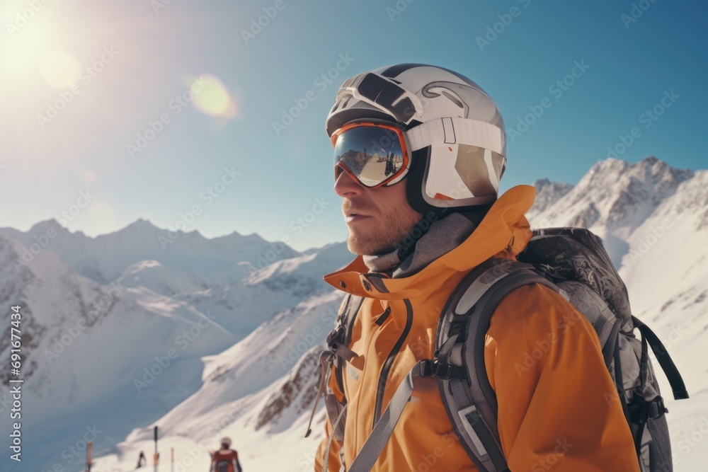 A man wearing a helmet and goggles stands confidently in the snow. Perfect for winter sports or outdoor activities