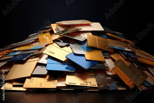 A pile of credit cards stacked on top of each other. Can be used to illustrate financial concepts and consumerism photo