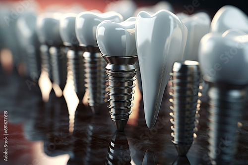 Dental implantation, teeth with implant screws. Ceramic crowns on implants. Close up of dental teeth implant. Copy space. photo