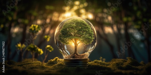 A unique light bulb with a small tree growing inside. This image can be used to symbolize growth, innovation, and sustainability