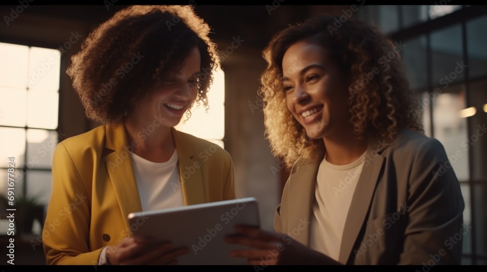 Two women standing next to each other looking at a tablet. Suitable for technology, teamwork, and communication concepts Two women standing next to each other looking at a tablet. Suitable for technology, teamwork, and communication concepts