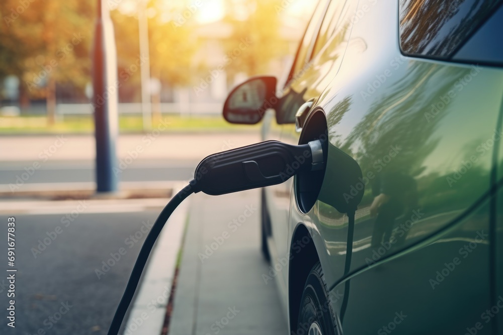 An electric car connected to a charging station. Suitable for illustrations related to electric vehicles and sustainable transportation An electric car connected to a charging station. Suitable for illustrations related to electric vehicles and sustainable transportation