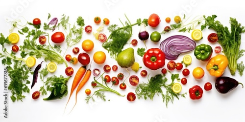 Fresh and colorful fruits and vegetables arranged on a clean white background. Perfect for healthy eating  nutrition  and cooking concepts