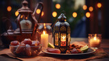 Christmas lantern with candle. Ramadan lanterns and a plate of dates on the table for ramadan kareem concept, blurred background