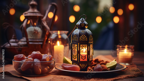 Christmas lantern with candle. Ramadan lanterns and a plate of dates on the table for ramadan kareem concept  blurred background