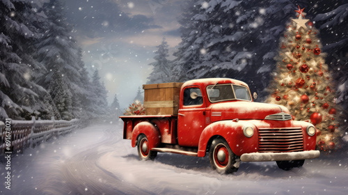 red vintage truck and christmas tree in the snow