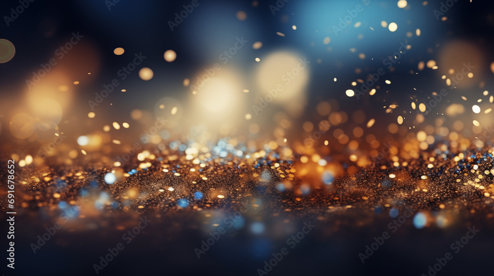 background of abstract glitter lights. blue, gold and black. de focused