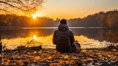 A man watching the sunset by the lake in autumn.