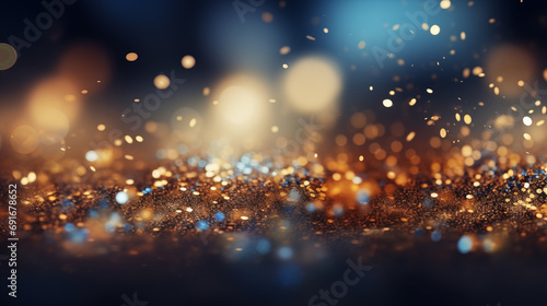 background of abstract glitter lights. blue  gold and black. de focused