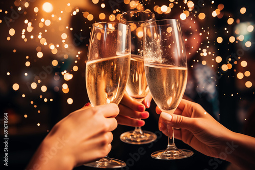 three glasses of champagne, celebration, sparkles, blurred background
