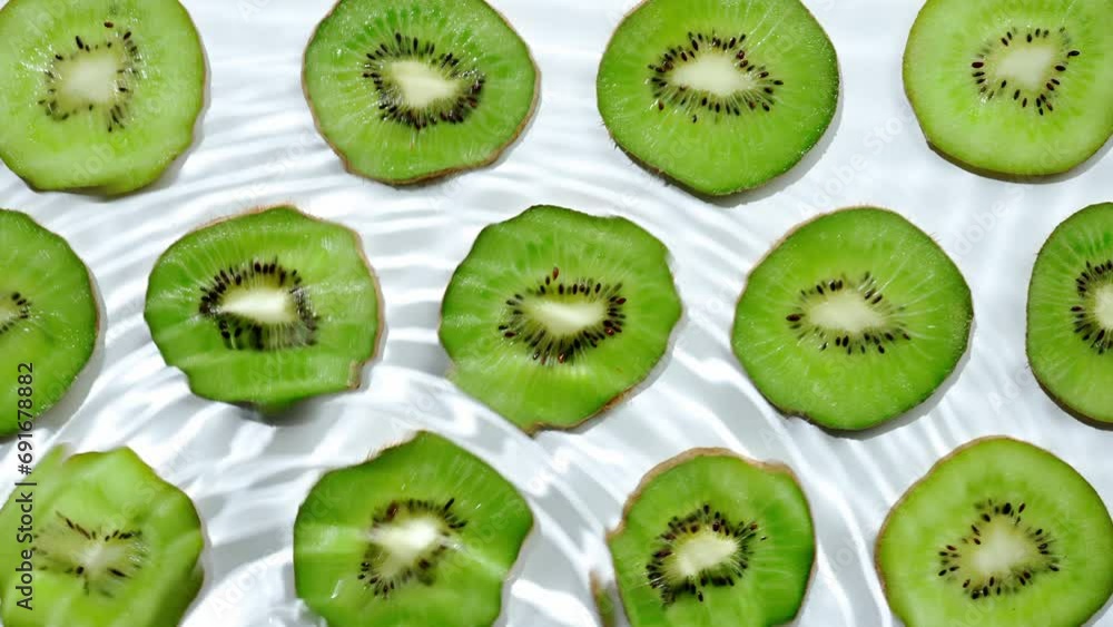 Slice of kiwi underwater or in water with splashing and droplet top view flat lay on white background. Slice of kiwi underwater or in water with splashing and droplet top view flat lay on white background.