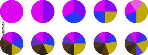 Circle pie chart icons set. Colorful diagram with 10 sections. Vector illustration