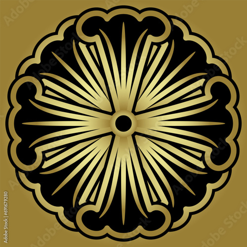 Round floral mandala or decorative element with stylized datura or lily petals and cross motif. Black and gold silhouette.