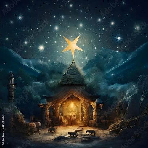 Bethlehem's stable on the night of the Nativity of Christ the Lord. The Christmas star as a symbol of the birth of the savior.