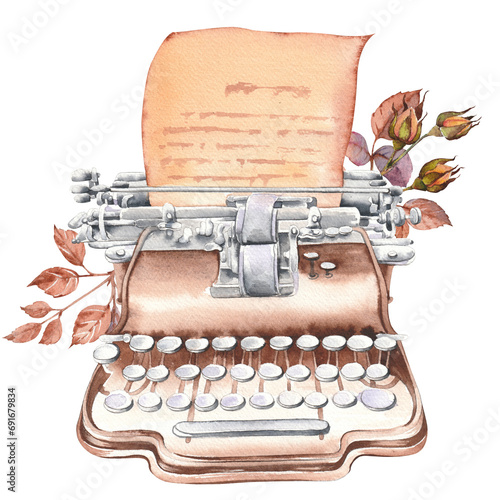 Retro typewriter with old paper and leaves. Watercolor illustration isolated on white background.