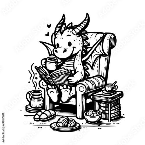 Cute dragon sits in chair with a book and cup of tea and croissants. Doodle, linear black and white drawing Children's cartoon character for New Year greeting card