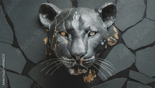 Statue / Skulptur eines schwarzen Panthers aus Stein in klassisch-modernem Stil mit Rissen und Gold-Verzierungen. Dunkler Hintergrund. Frontal. Illustration
