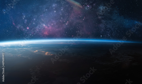 Fototapeta Naklejka Na Ścianę i Meble -  Earth planet horizon. Earth orbit in sunrise in deep space with stars. Planet at night. Elements of this image furnished by NASA