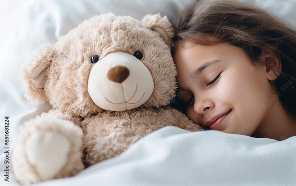 Cute little fair-skinned child girl hugging teddy bear. Love and tenderness. Happy childhood concept. Cute little fair-skinned child girl hugging teddy bear. Love and tenderness. Happy childhood concept.