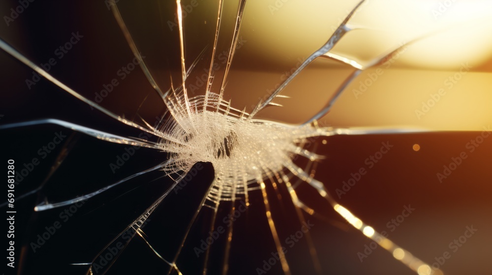 Obraz premium A shattered glass with the sun shining in the background, creating a dramatic and captivating image.