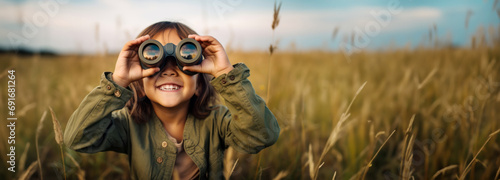 Cute little child looking through binoculars on sunny summer day. Young kid exploring nature. Family time outdoors, active leisure for children. photo