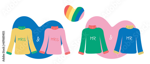 Pair of gay and lesbian sweaters. Valentine Day for LGBT homosexual relationships. Rainbow pride heart. Warm winter clothes for loving couples. Celebration. Romance. Flat style. Vector illustration