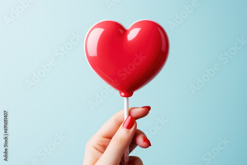 Glossy Red Heart Lollipop in Female Hand