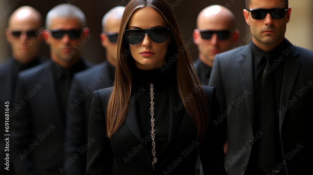 A woman in a black suit and sunglasses stands confidently in front of a group of men. A woman in a black suit and sunglasses stands confidently in front of a group of men.