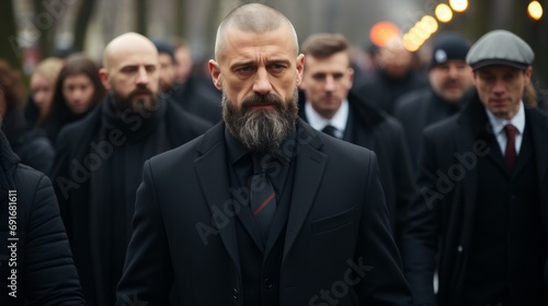 A man with a beard wearing a black suit, exuding elegance and sophistication.