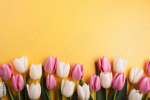 White and Pink Tulips on a Yellow Backgroundw photo