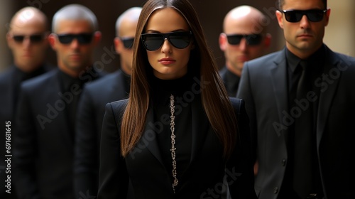 A woman in a black suit and sunglasses stands confidently in front of a group of men.