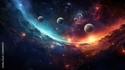 Beautiful space landscape with planet and nebula in the night sky wallpaper background