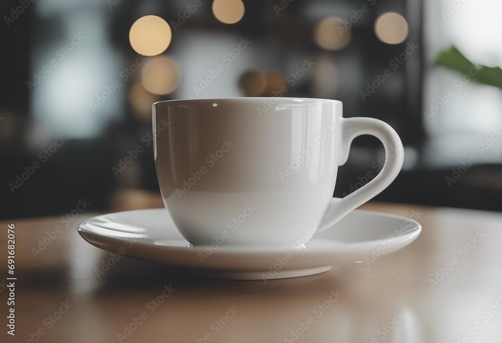 Fototapeta premium White coffee cup close up with blurred background
