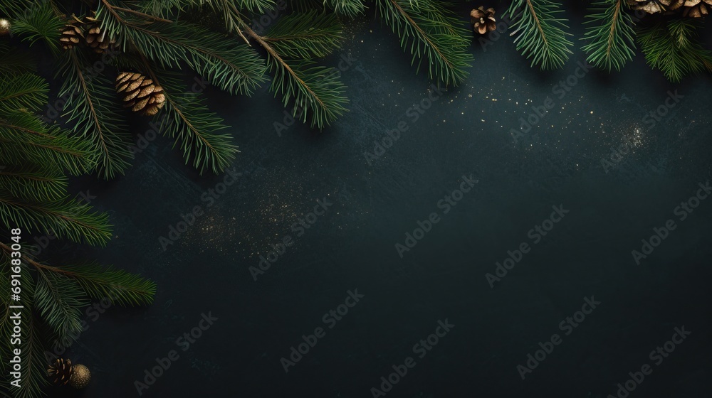 fondo de navidad verde oscuro con ramas de pino - obrazy, fototapety, plakaty 