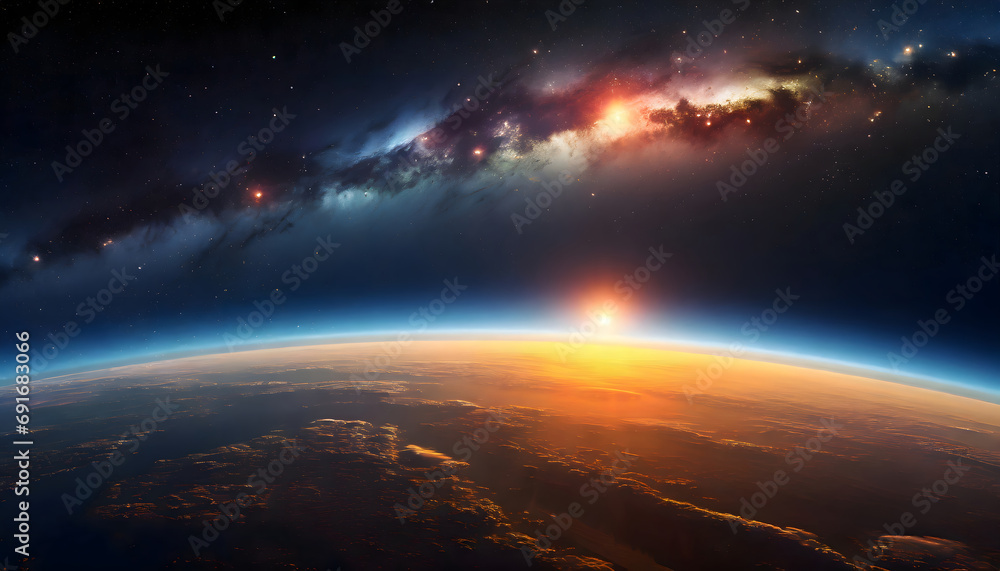 Celestial Harmony - Panoramic Earth Sunrise with Milky Way