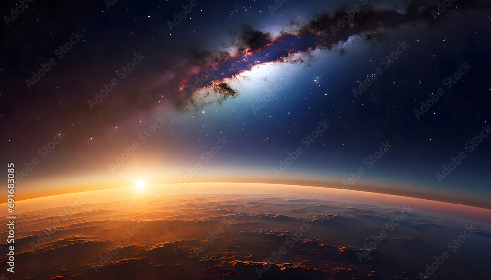 Celestial Harmony - Panoramic Earth Sunrise with Milky Way