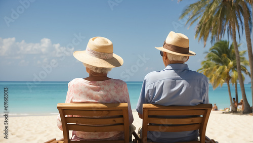 Elderly couple in sun loungers on the seashore, summer, sun, beach © tanya78