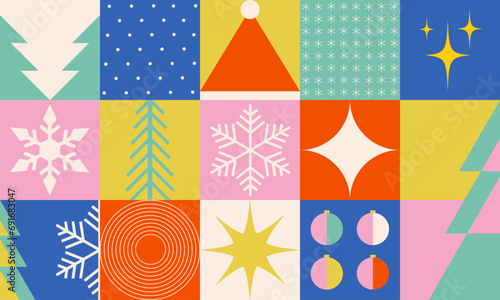 Merry Christmas and Happy New Year seamless geometric pattern in bauhaus style. Vector flat illustration for background, greeting cards, posters, holiday cover, banner in swiss style.