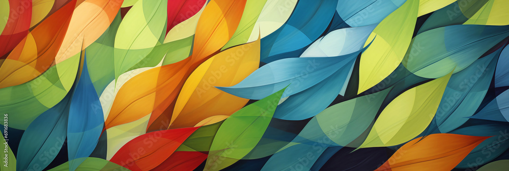 An abstract pattern of colorful leaves. Long banner image. Generative AI. 