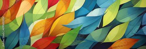 An abstract pattern of colorful leaves. Long banner image. Generative AI. 