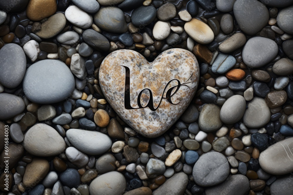Heart-shaped rock with 'love' inscription surrounded by pebbles, symbolizing enduring affection and togetherness.
Heart-shaped rock with 'love' inscription surrounded by pebbles, symbolizing enduring affection and togetherness.
