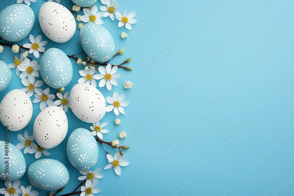 Blue, White, and Colourful Dotted Pastel Easter Eggs on a Blue Background with White Daisies and Branches Blue, White, and Colourful Dotted Pastel Easter Eggs on a Blue Background with White Daisies and Branches