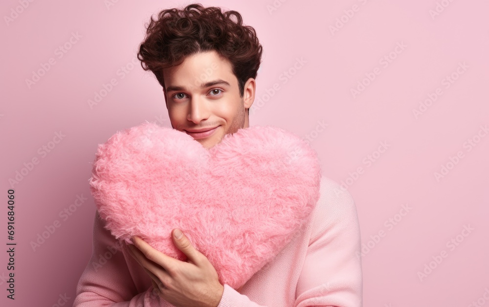 A happy handsome man hugging a plush pink heart