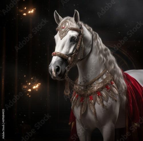 Horse wearing red robe. AI Generative © MendyZa